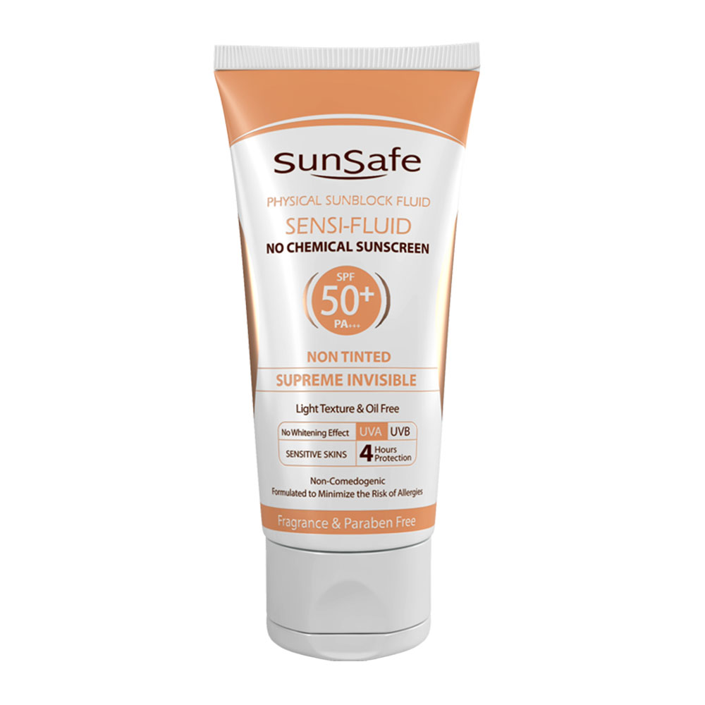 فلوئید ضد آفتاب +SPF 50 پوست حساس سان سیف SUNSAFE SENSI SPF50+ FLUID NO CHEMICAL SUNSCREEN